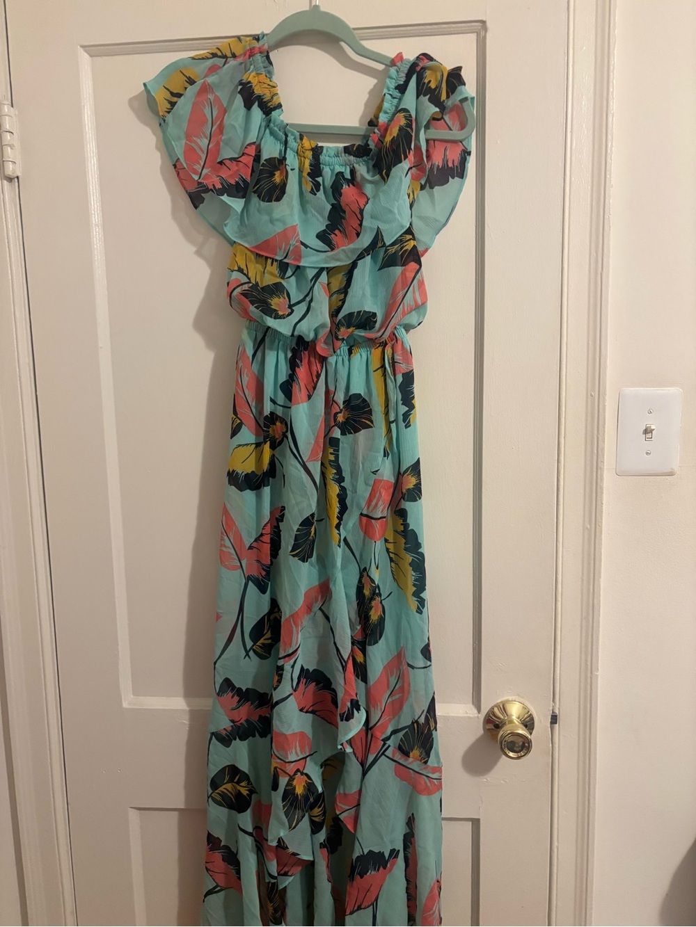 Express Teal Maxi Dress with Pink and Yellow Leaf Print